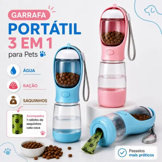 3 em 1 Garrafa de Passeio para Cães e Gatos Portátil com Bebedouro, Comedouro e Porta Saquinhos Multifuncional