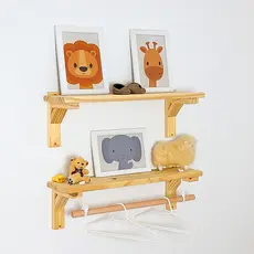 Kit 2 Prateleiras Infantil de Parede 60cm de Madeira 1 com Cabide Estilo Montessori