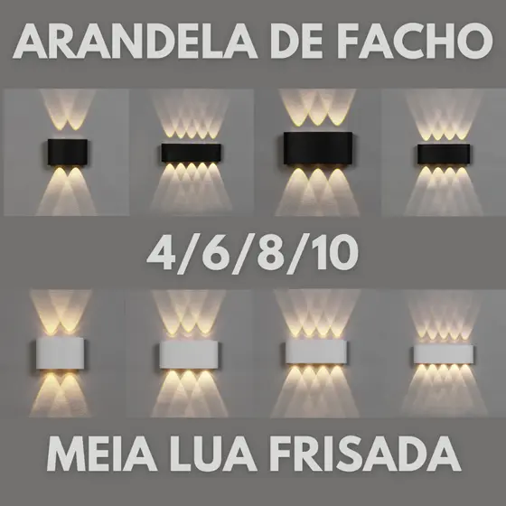 Arandela de Parede Luminária Meia Lua Frisada Área Interna Externa 4/6/8/10 Facho Led Branco Quente