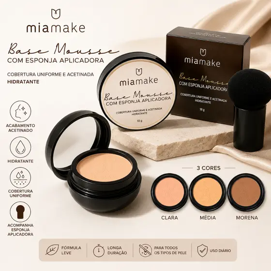 BB/Base Mousse Mia Make Com Esponja Aplicadora E Espelho Cobertura Natural 18g