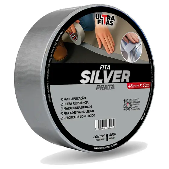 Fita Adesiva Multiuso Silver Tape 50 mm X 50 Metros - Cinza Cola Forte Super Aderente Multiuso