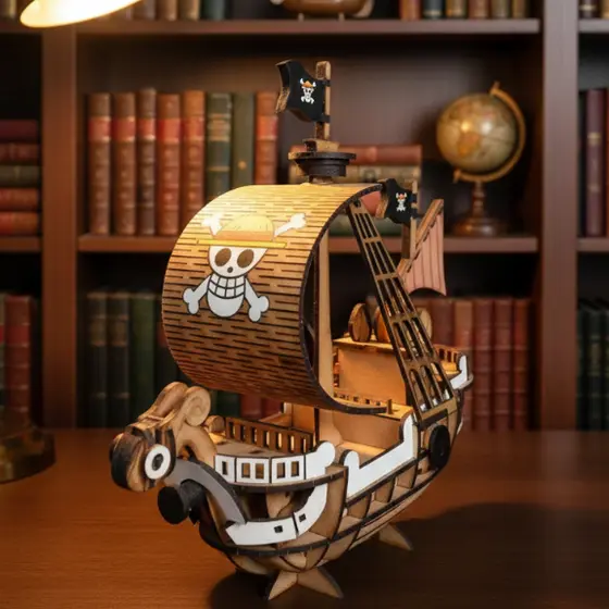 Navio One Piece Going Merry 3D Quebra-Cabeça MDF Luxo - Decoração Miniatura Colecionável 20cm