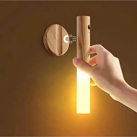Luminária Led Sensor de Movimento Lâmpada Arandela de Madeira Parede Magnética de Madeira Moderno