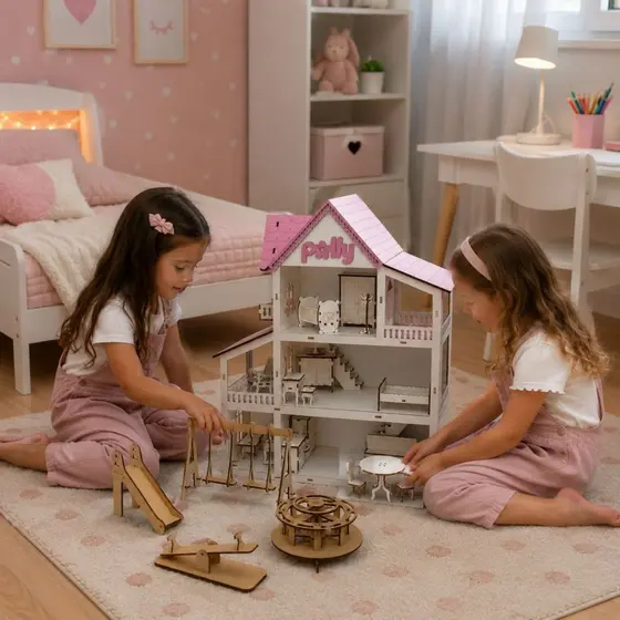 Brinquedo Para Crianças Casinha Em Mdf + Kit 19 Mini Móveis