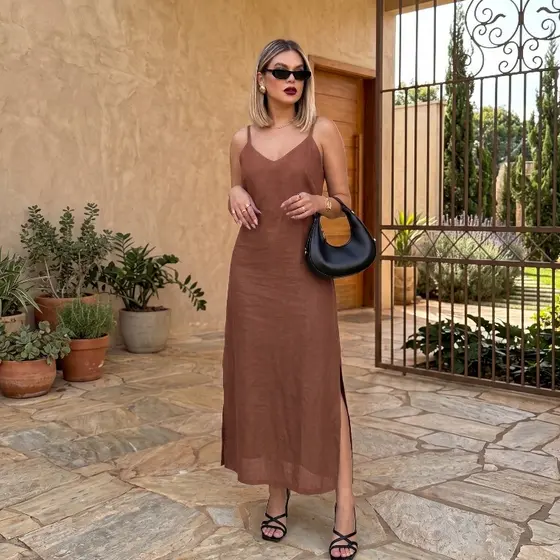 Vestido Feminino Longo Viscose Com Alcinha Estilo Casual Evangelico Feminina Midi Regulavel Premium