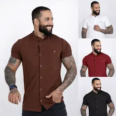 Camisa Social Masculina Gola Padre de Luxo Com Manga Curta Slim Fit  Tecido Premium