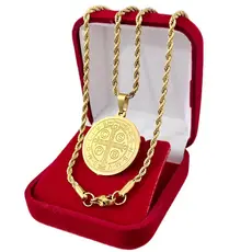 Kit Corrente Trançada + Pingente Medalha São Bento Proteção Banhado a Ouro