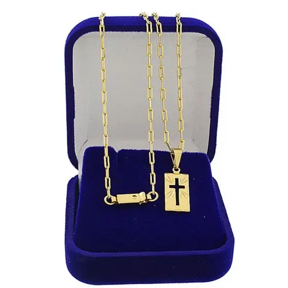 Corrente Infantil Banhado a Ouro 18K + Pingente Crucifixo Retangulo Vazado