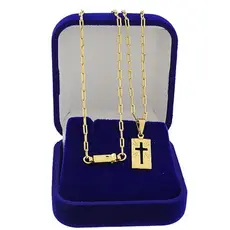Corrente Infantil Banhado a Ouro 18K + Pingente Crucifixo Retangulo Vazado