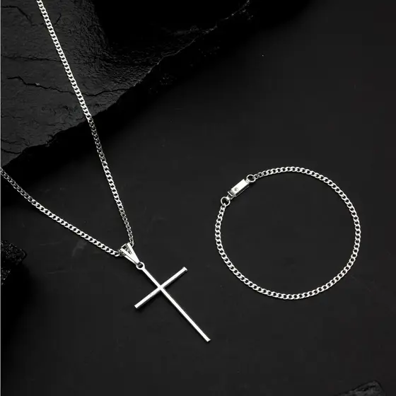 Kit Corrente Cordão Masculino + Pulseira e Pingente Crucifixo