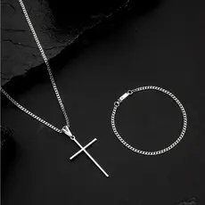Kit Corrente Cordão Masculino + Pulseira e Pingente Crucifixo