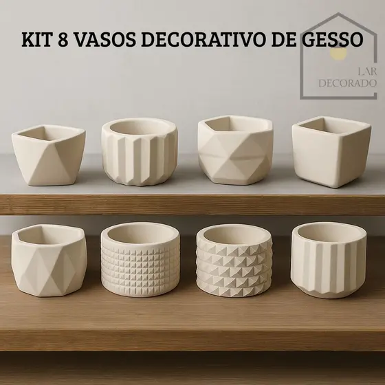 KIT com 8 Unidades de Vasos Decorativos em Gesso para Suculentas, Cactos e Mini Plantas