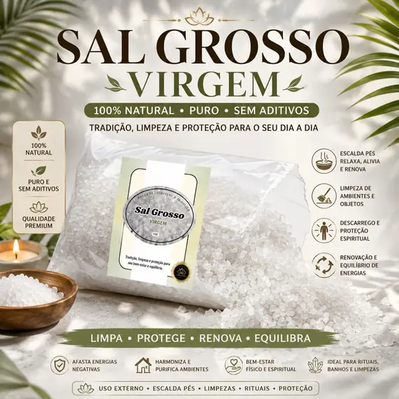 Sal Grosso Virgem para Banho Energético e Descarrego, Escalda Pés, Contra Inveja, Proteção e Limpeza