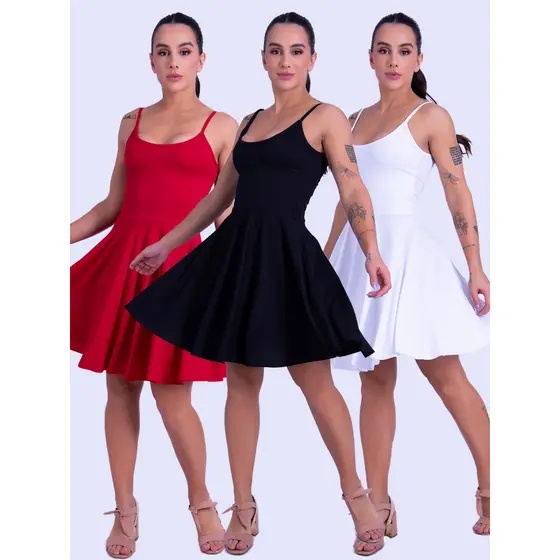 Kit 3 Vestidos Feminino Plissado Godê Alcinha