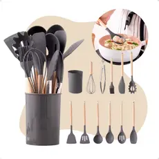 Kit Jogo De Cozinha 12 Peças Utensílios Colheres Espátulas Silicone Cabo Madeira Decoração Livre BPA