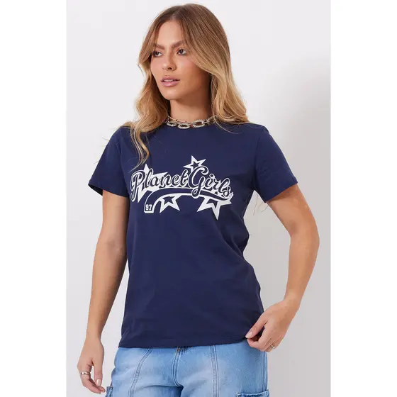 T-Shirt Feminina Estampada Planet Girls Azul Escuro