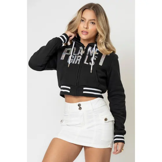 Moletom Cropped Dupla Face Com Relevo Planet Girls Preto