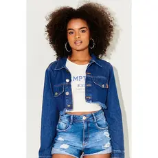Jaqueta Cropped Feminina Barra Desfiada Planet Girls Jeans Escuro