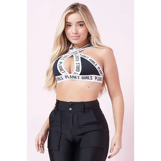 Top Malha Alças Estampas Com Logo Planet Girls Preto
