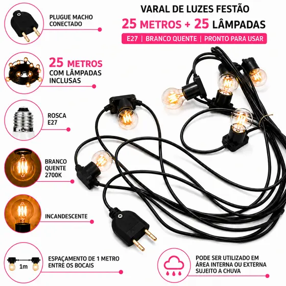 Varal De Luzes Festão 25 Mts Com 25 Lampadas Inclusas
