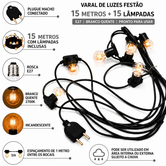 Varal De Luzes Festão 15 Mts Com 15 Lampadas Inclusas