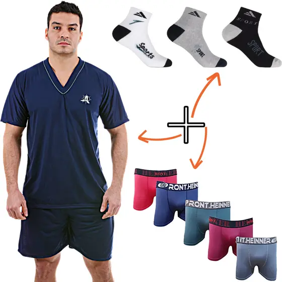 Promoção Kit 3 em 1 Pijama Masculino 5 Cueca Boxer Sortida 3 Pares Meia Masculino