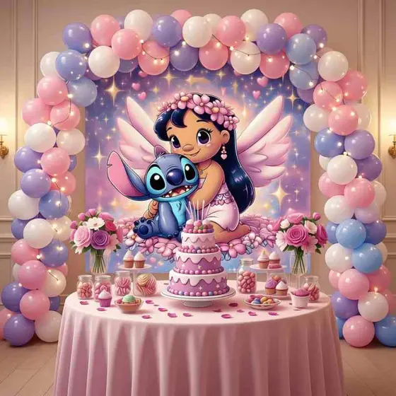 Painel de Festa Antirreflexo Decoração Lilo e Stitch Angel