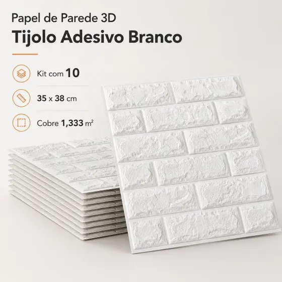 Kit 10 Placas Papel de Parede 3D Tijolo Branco Adesivo 35x38cm Cobre 1,33m²