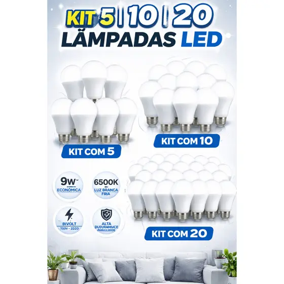 Kit 5/10/20 Lâmpada Led 9W 6500K Branco Frio Bivolt E27 Luz Branca Forte Ambiente Aconchegante