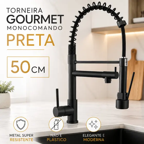 Torneira Gourmet Preta Monocomando Cozinha Bancada Metal 50cm Ducha Extensível