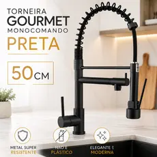 Torneira Gourmet Preta Monocomando Cozinha Bancada Metal 50cm Ducha Extensível