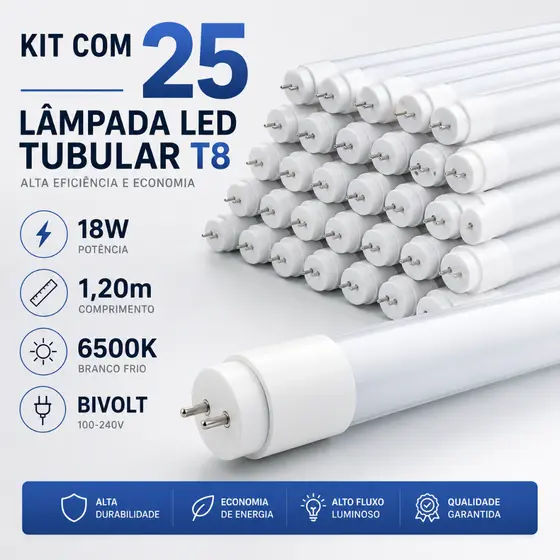 Kit 25 Lâmpadas LED Tubular T8 18W 1,2m Branco Frio 6500K