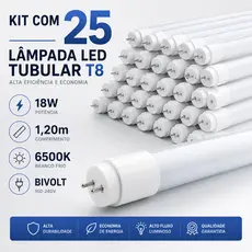 Kit 25 Lâmpadas LED Tubular T8 18W 1,2m Branco Frio 6500K