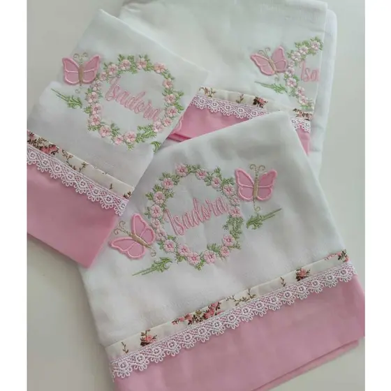 Fralda Passeio Bordada Personalizada 70 x 70 cm Kit 3 Peças