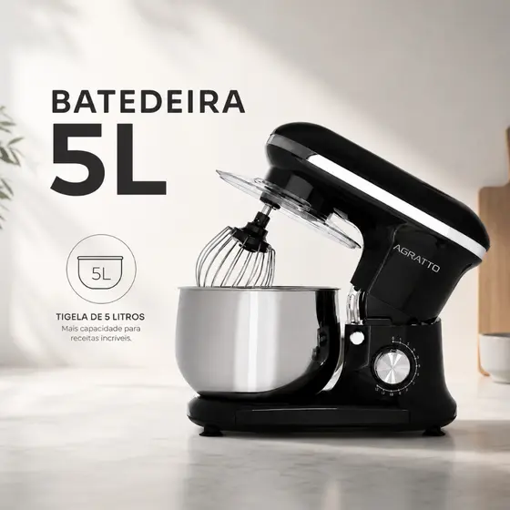 Batedeira Planetária 5L Batedeira de Bolo 700W Batedeira Agratto Suprema Batedeira Preta 3 Batedores