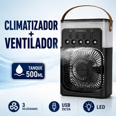Climatizador Ventilador Umidificador Portátil 500ml USB LED 10W 3 Velocidades Preto