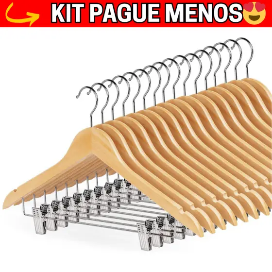 KIT Cabide de Madeira com Presilha/Sem Presilha Adulto para Guarda Roupa Organizador