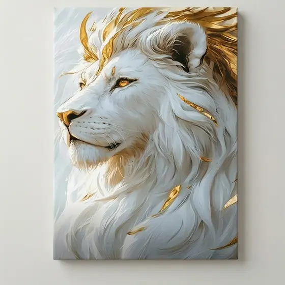 Quadro Decorativo Leão Branco e Dourado Imperial Canvas Luxo