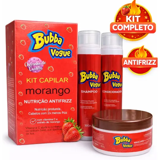 Bubba Vogue Kit Capilar Morango Shampoo Condicionador Máscara Hidratação Antifrizz