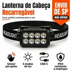 Lanterna de Cabeça Recarregável 8 LEDs com Sensor 5 Modos USB-C para Pesca Camping Trilha Trabalho