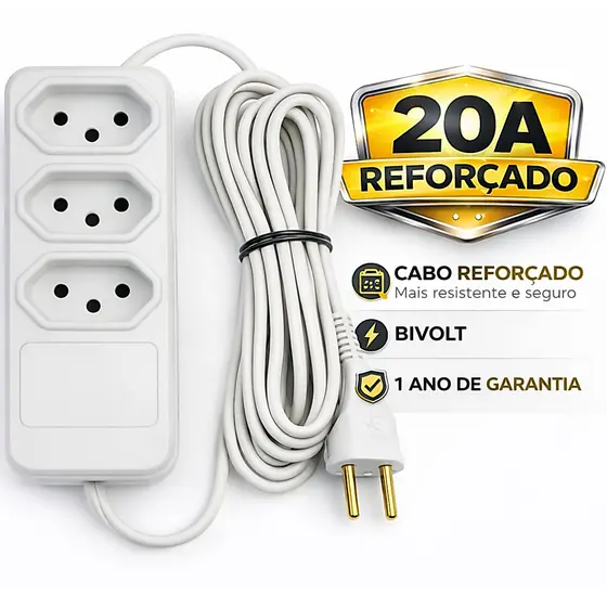 Extensão Elétrica 20A 3 Tomadas Bivolt 110 / 220V Fio Reforçado 1M/2M/3 Metros Para Airfryer Secador