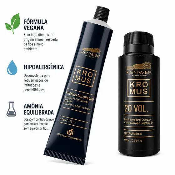 Coloração Kromus Kenwee 100% Vegana Brinde Revelador 20Vol - 90ml- 36 Tons