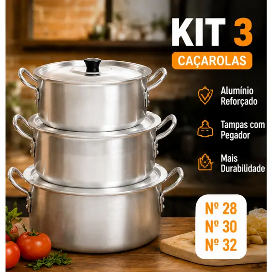 Kit 3 Caçarolas Alumínio Fundido com Tampa N°26 N°28 N°30 | Panela Grande Feijoada Sopa Caldeirão Alta Durabilidade