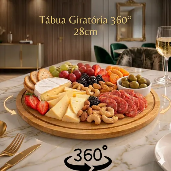 Petisqueira Giratória Bambu 28cm Tábua Frios Bandeja Petiscos Mesa Posta Café da Manhã 360 Cozinha Decoração