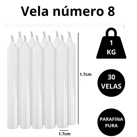 1 Kg Vela Número 8 Votiva Branca Parafina Pura Decoração Castiçal - 30 Velas