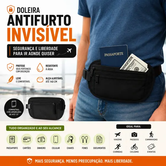 Pochete Doleira Antifurto Invisível Para Viagem Porta Dólar E Documentos