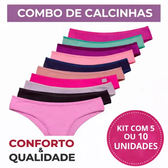 Kit 10 calcinha de algodão conforto cós alto tanga cotton feminina cos largo Premium 100% algodão