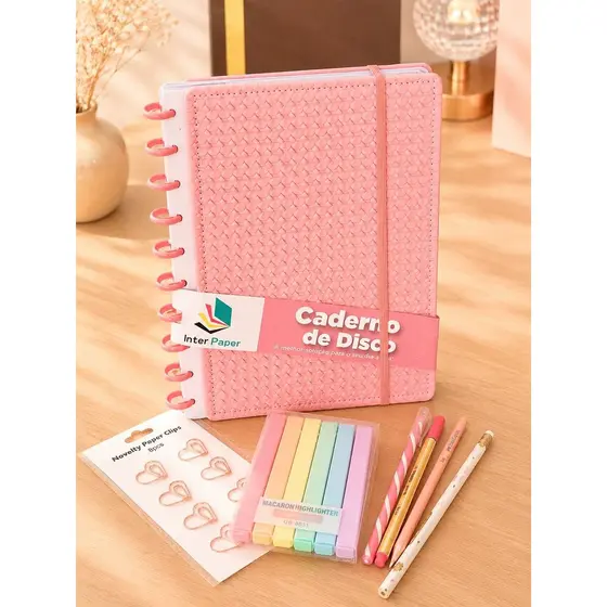 Kit Papelaria Completo - Caderno Disco Inteligente Rosa - Acessórios Lápis Canetas Marca Texto Clips Coração