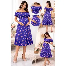 Vestido Gestante Floral Midi Ombro a Ombro Moda Evangélica Feminino Soltinho Rodado Confortável Gravidez Ensaio Gestante