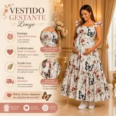Vestido Longo Feminino Lastec no Busto Midi BORBOLETAS Casual Elegante Moda Evangélica Gestante Confortável